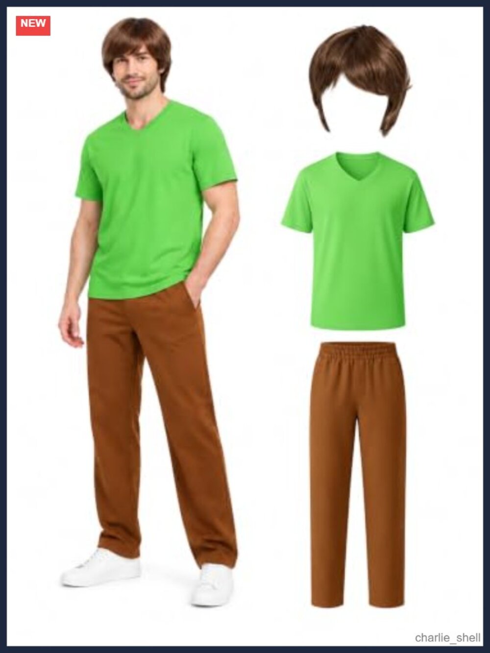 Mens Halloween Costume Set Wig Green Shirt Brown Pants 3-Piece S-XXL